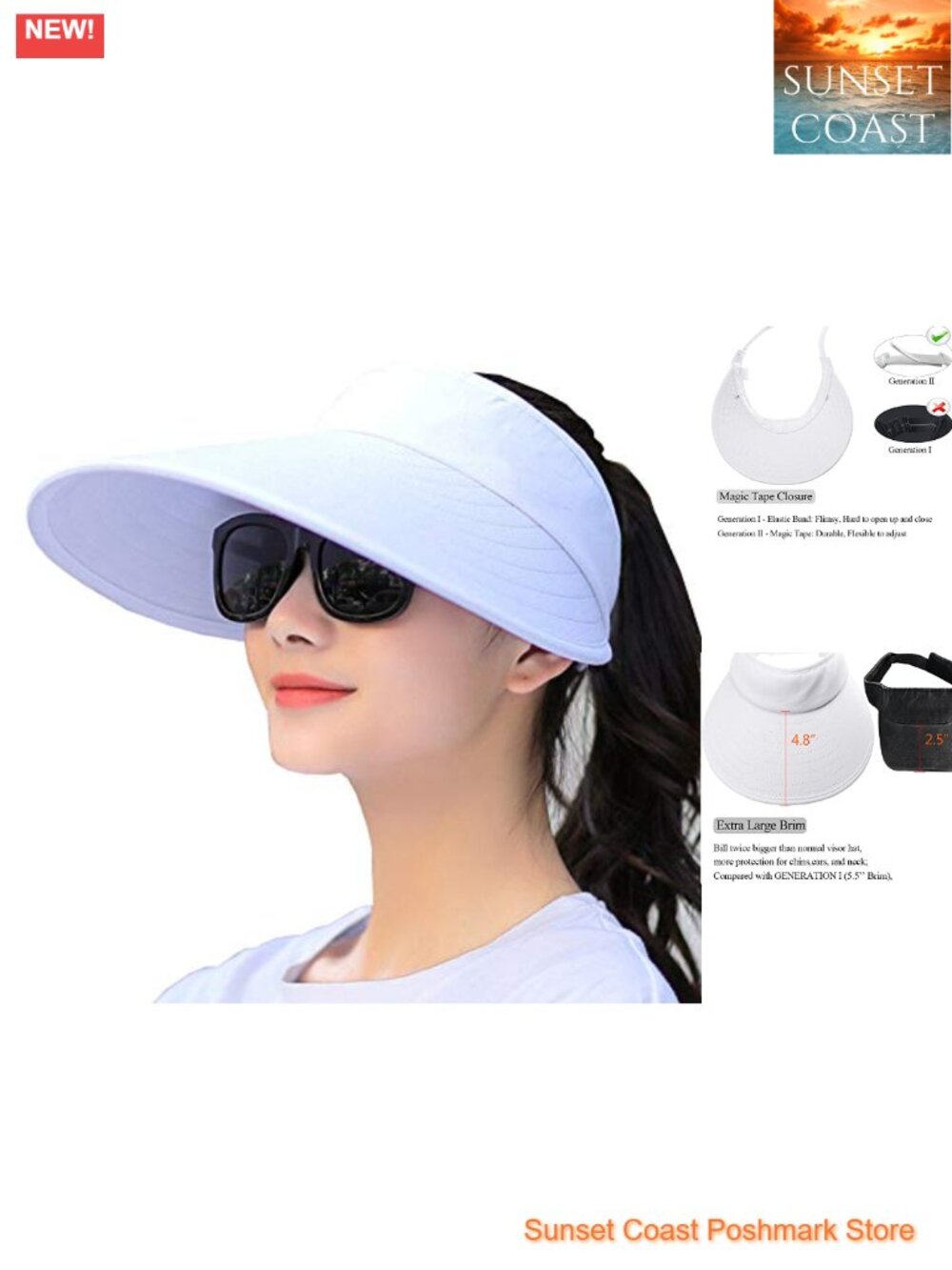 Cotton Sun Visor Hat Large Brim UPF50+ Adjustable Foldable Beach
